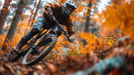pro mountain bike rider cyclist riding bike in autumn inhilly forest
