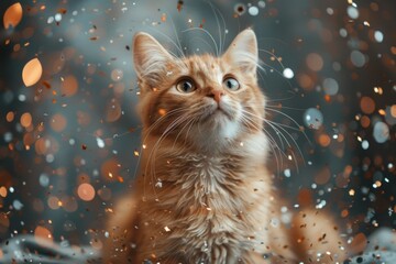 Charming orange tabby cat gazes upwards amidst a magical, glittering backdrop, invoking a sense of...