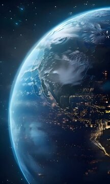 Celestial Globe: 3D Rendering of Earth in Space, Illuminated by Starlight. Seamless looping 4k timelapse virtual video animation background generated AI 