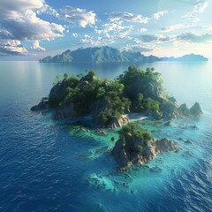 A lone island stands in the vast expanse of the ocean, surrounded by endless water