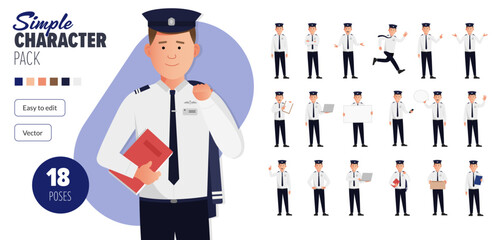 Simple flat British airline pilot vector character, in a set of multiple poses. Easy to edit and isolated on a white background. Modern trendy style character mega pack with lots of poses. © Vector Characters