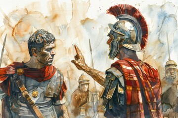 Watercolor illustration of a Roman soldier receiving instructions from a commander - obrazy, fototapety, plakaty