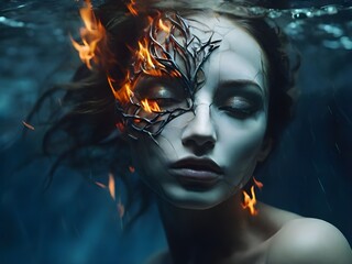 Underwater portrait. Fire and water. A cracked porcelain mask, water and fire licking a woman's face, secrets whispered in the depths of the surreal. The beauty of fracture, the ethereal dance. 