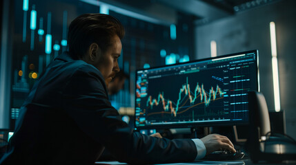 nvestments, stock market, funds, digital assets, planning and strategy. Businessman analyzes financial data chart, trading on financial market. Virtual screen.