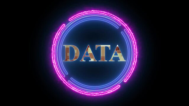 Neon circle with the word DATA in the center against a dark background.