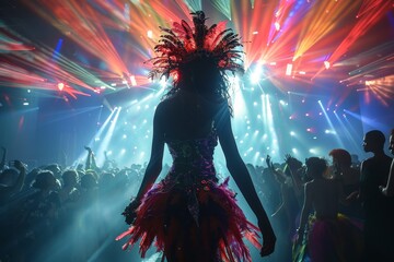 A silhouetted figure of a dancer at a lively party with vibrant lights and motion blur