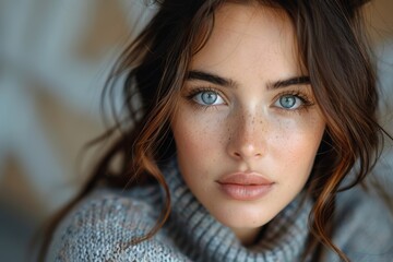 Striking close-up of a young woman with freckles and beautiful green eyes, evoking natural beauty and innocence
