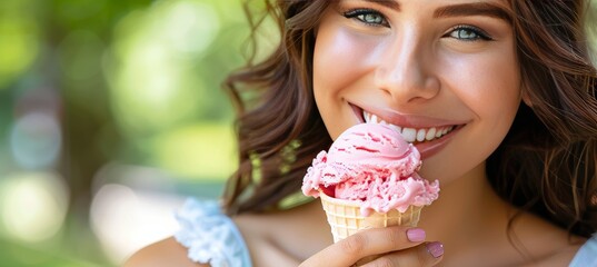 Happy woman savoring ice cream in city park with room for text, ideal for promotional content