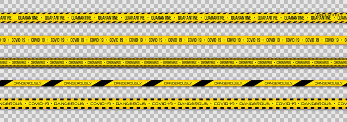 Caution, set of yellow warning tapes. Abstract warning lines for police, accidents, covid. Collection of vector danger tapes. - obrazy, fototapety, plakaty