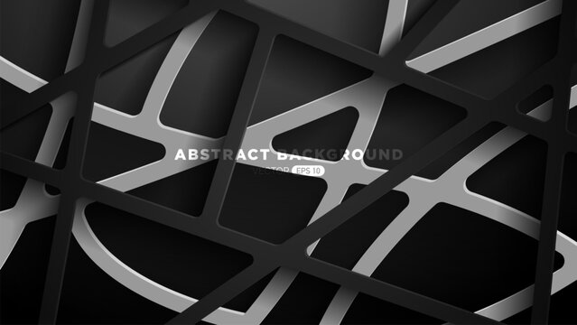Abstract 3d Geometric realistic paper cut background with dark black and silver metal colors