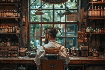 A meticulous barber in a nostalgic setting focuses on styling a client's hair, surrounded by retro grooming tools