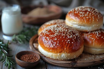Close up of plump and shiny sesame seed burger buns arranged on a wooden plate with herbs - obrazy, fototapety, plakaty