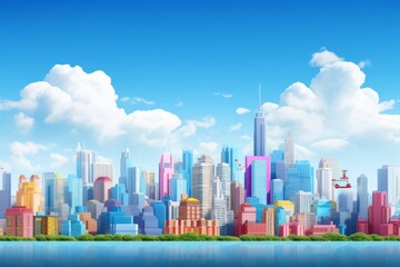 Vibrant city skyline under a clear blue sky background