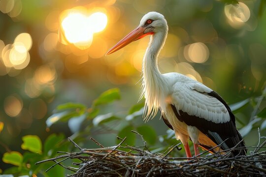 A solitary stork stands confidently in its nest amidst a golden hour backdrop in the wild