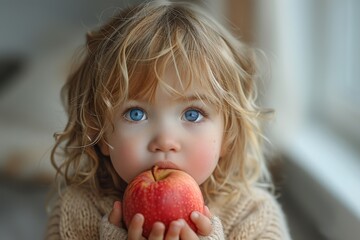 Little girl with striking blue eyes eating an apple, camera close-up