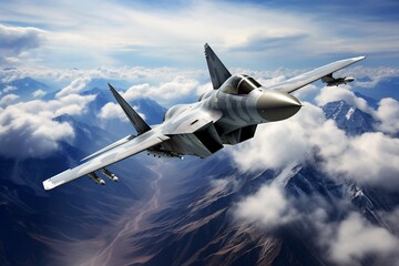a military jet flying over mountains - obrazy, fototapety, plakaty