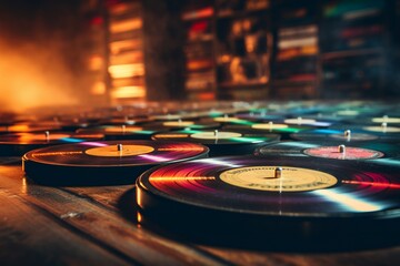 Enhanced retro vinyl records scratches and light leaks in vintage music collection