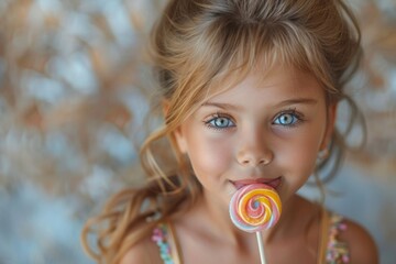 Cheerful indoor portrait of a smiling young girl with a swirl-pattern lollipop, set against a soft blurred background highlighting her lightheartedness - obrazy, fototapety, plakaty