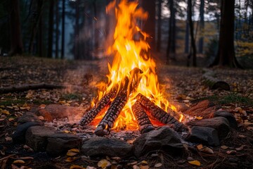 This captivating image showcases a serene campfire ringed by autumnal leaves, creating an atmosphere of warmth and tranquility