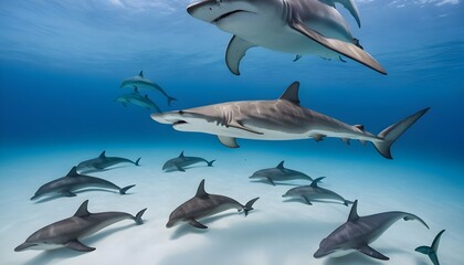 A Hammerhead Shark Swimming Alongside A Pod Of Dol Upscaled 4 - obrazy, fototapety, plakaty