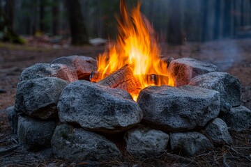 Essential for nature lovers, this image highlights a stone-ringed campfire, symbolizing wilderness warmth and solitude