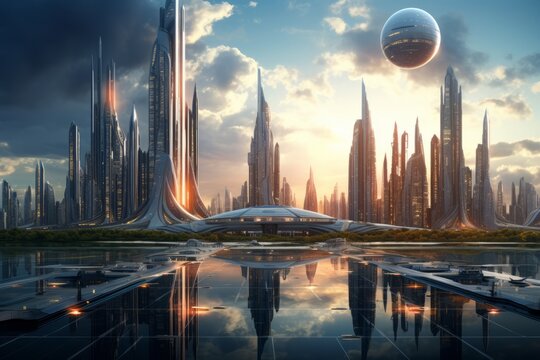 A futuristic city skyline with transparent buildings