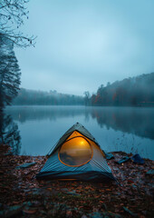 Illuminated tent at lakeside campsite. Foggy early morning. Outdoor adventures. Camping. Traveling.