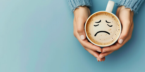 Woman hands holding coffee cup with sad face drink