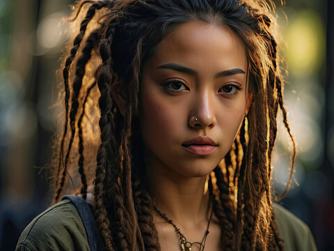 A girl with dreadlocks of Asian appearance with a gaze