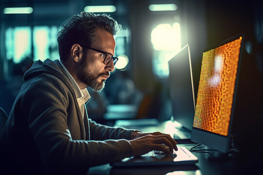 Hard working person in modern interior office programming writing web java script code AI technology generation