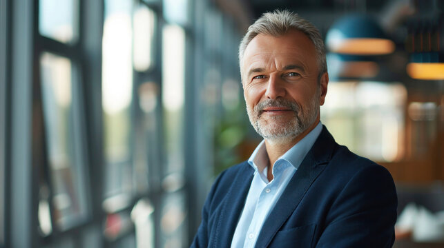 Mature 55 year old confident businessman executive standing in office looking at camera