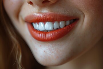 Detailed close-up of a woman's radiant smile showing off her pearly white, healthy teeth and red lips