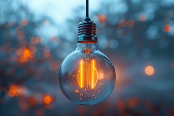 The image captures a single vintage-style bulb against a twilight backdrop, symbolizing ideas, innovation, and inspiration
