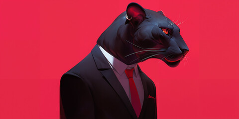 Elegant Black Panther in Suit with Piercing Gaze - obrazy, fototapety, plakaty