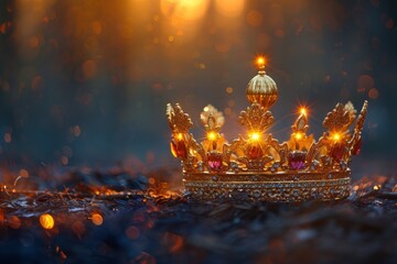 An enchanting crown adorned with intricate details sparkles amidst a mystical soft glowing light, suggesting magic and fantasy - obrazy, fototapety, plakaty