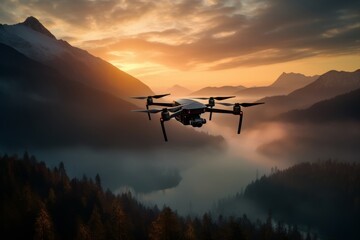 Advanced drone capturing a mesmerizing sunrise over a tranquil landscape - obrazy, fototapety, plakaty