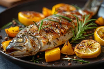 Foto op Plexiglas Grilled whole fish on a black plate, garnished with yellow lemon slices and fresh rosemary, cooked with spices © Larisa AI