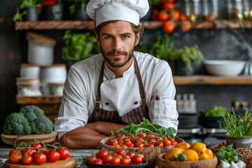 Confident male chef with facial hair posing with fresh produce in a rustic kitchen setting