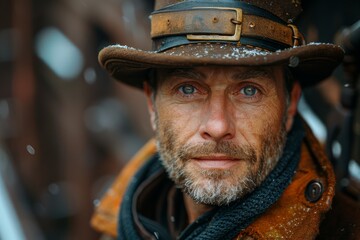 Detailed portrait of a man with intense eyes in steampunk outfit and hat - obrazy, fototapety, plakaty