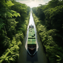 container ship carrying cargo passing river canal render - obrazy, fototapety, plakaty