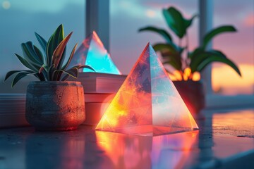 An illuminated crystal pyramid glows warmly on a table beside a potted plant and pile of books,...