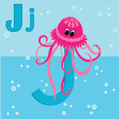 Jellyfish-ABC TO Z , Colorful animal alphabet letter J with a cute jellyfish  isolated on blue background.Alphabet Letter J - kinder garden