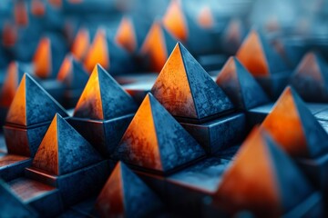 A pattern of metallic pyramids in a blue and orange palette presents a sense of rhythm and digital...