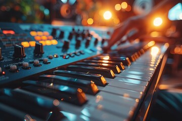 A close-up shot of a synthesizer keyboard with bokeh lights in the background, epitomizing creativity and nightlife - obrazy, fototapety, plakaty