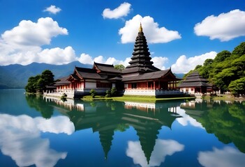 Naklejka premium a temple with a lake and mountains in the background.