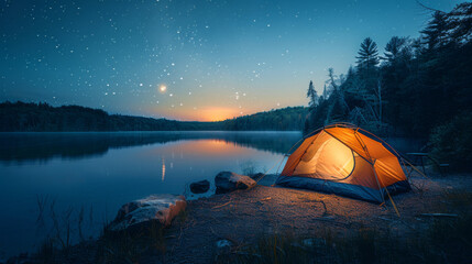 Illuminated tent at lakeside campsite. Night time. Outdoor adventures. Camping. Traveling. - obrazy, fototapety, plakaty