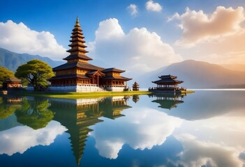 a temple with a lake and mountains in the background.