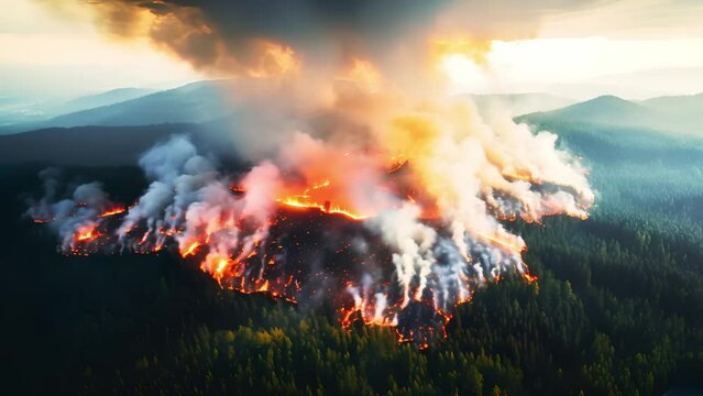 AI generate aerial video of large forest fire, disaster concept