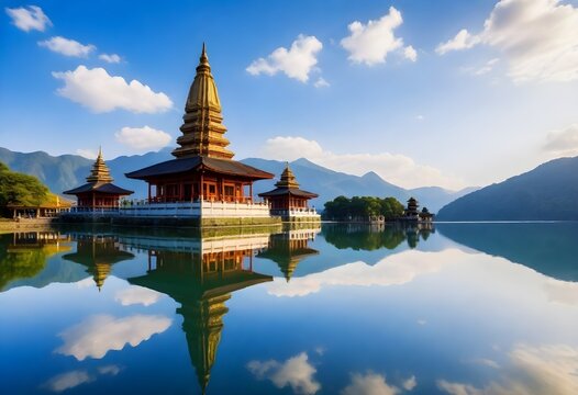 a temple with a lake and mountains in the background.