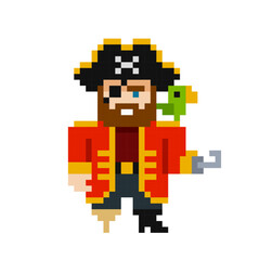 Funny Pirate charactrer in pixel art style. Pixel Art Corsair Pirate Captain suit with hook and parrot bird - cartoon retro game style vector graphics.  